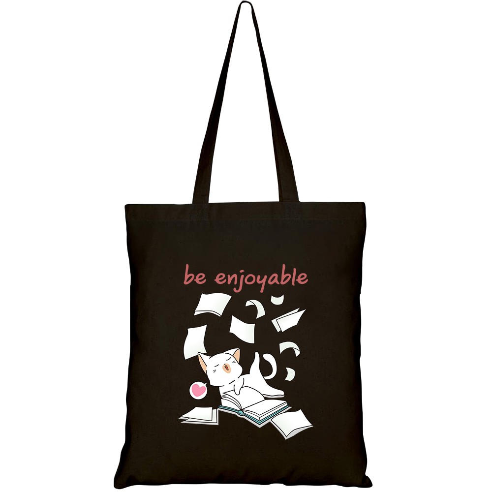 Túi vải tote canvas HTFashion in hình kawaii cat is having fun with book HT169