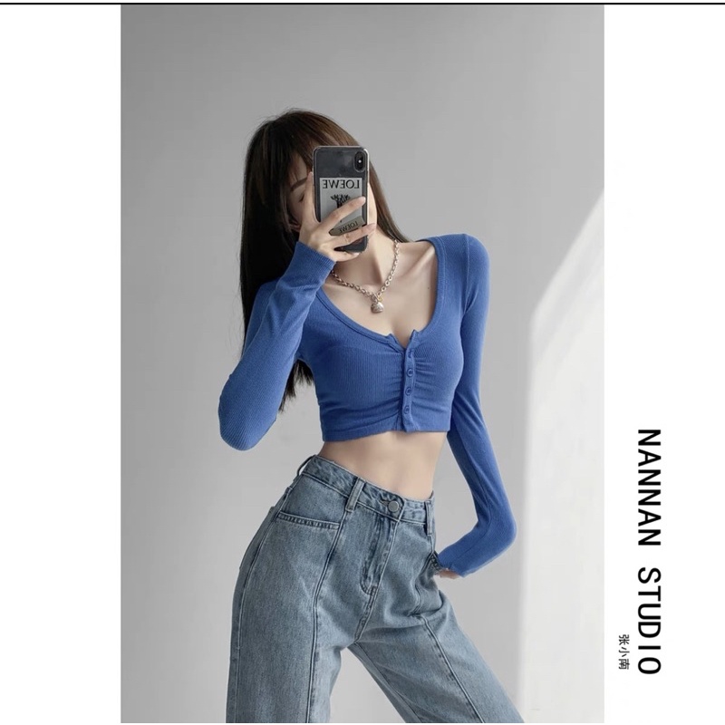 Áo Croptop Tay Dài Chất Thun Gân Co Dãn