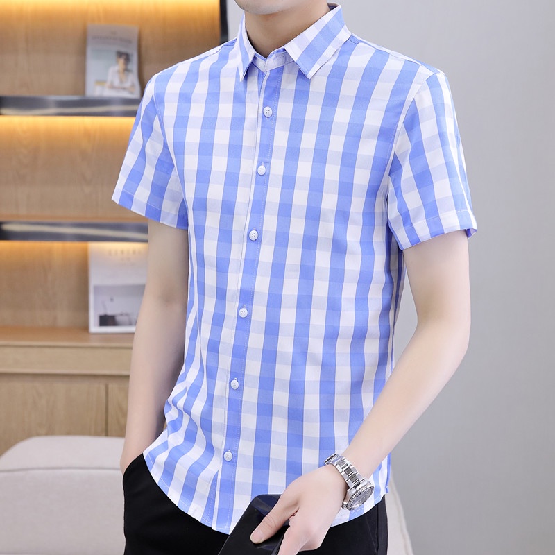 Áo Sơ Mi Cotton Tay Ngắn Họa Tiết Kẻ Sọc Thời Trang Mùa Hè Hàn Quốc 2022 Mới Cho Nam