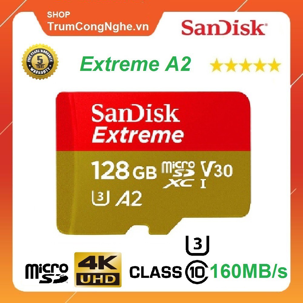 [Mã 99ELHA giảm 7% đơn 300K] Thẻ Nhớ MicroSDXC SanDisk Extreme V30 A2 Class10 4K 128GB 160MB/s - Tốc độ siêu cao