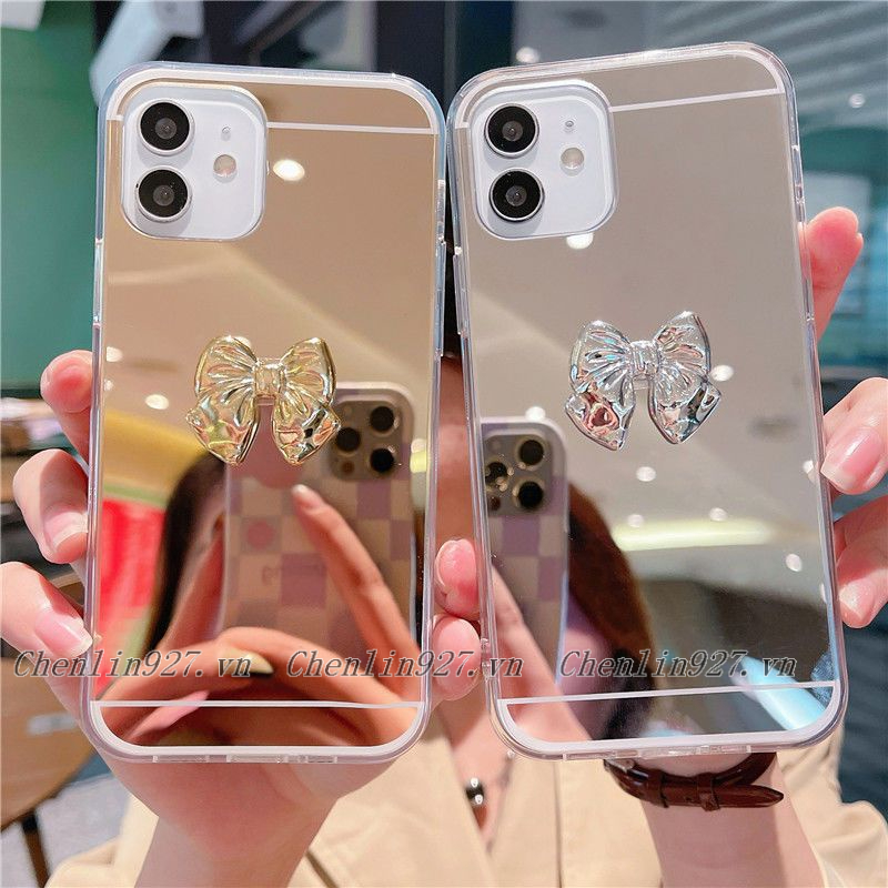 Ốp Điện Thoại Mềm Tráng Gương Đính Nơ Tay Cho Samsung S20 S21 S22 Note 8 9 10 20 Plus Ultra S20FE S21FE