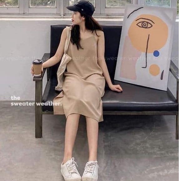 Váy xuông chất đũi lụa trơn 2 dây basic nữ