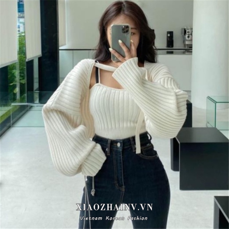 Set áo hai dây + áo khoác cardigan phong cách retro Hàn Quốc sành điệu cho nữ Xiaozhainv | BigBuy360 - bigbuy360.vn