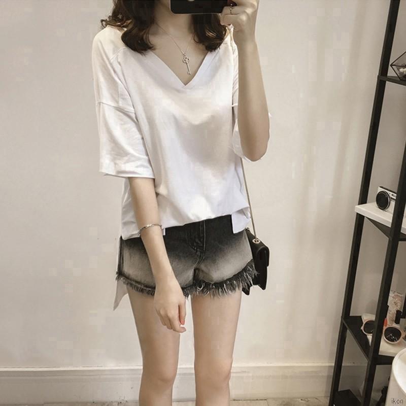 Áo thun tay ngắn cổ tim dáng rộng màu trơn cho nữ