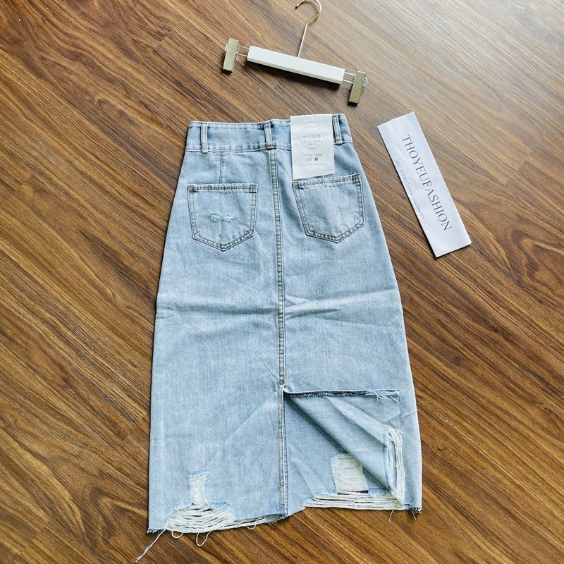 Chân Váy Bò Dài Xẻ, Chân váy jeans dáng dàu xẻ sau Thời Trang M648