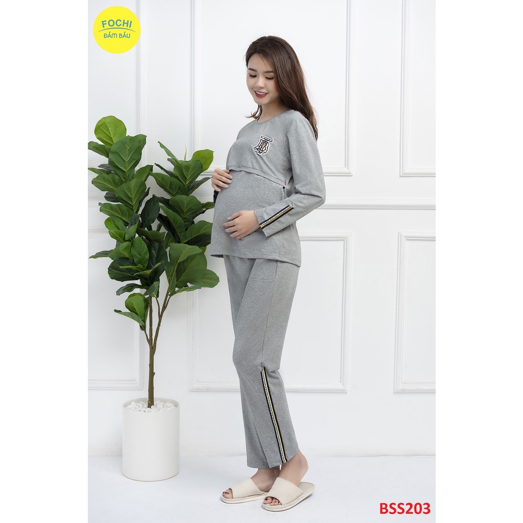 Bộ đồ bầu và sau sinh cho con bú Fochi Cotton Sài Gòn co giãn 4 chiều, thoáng mát, thấm hút mồ hôi tốt BSB071