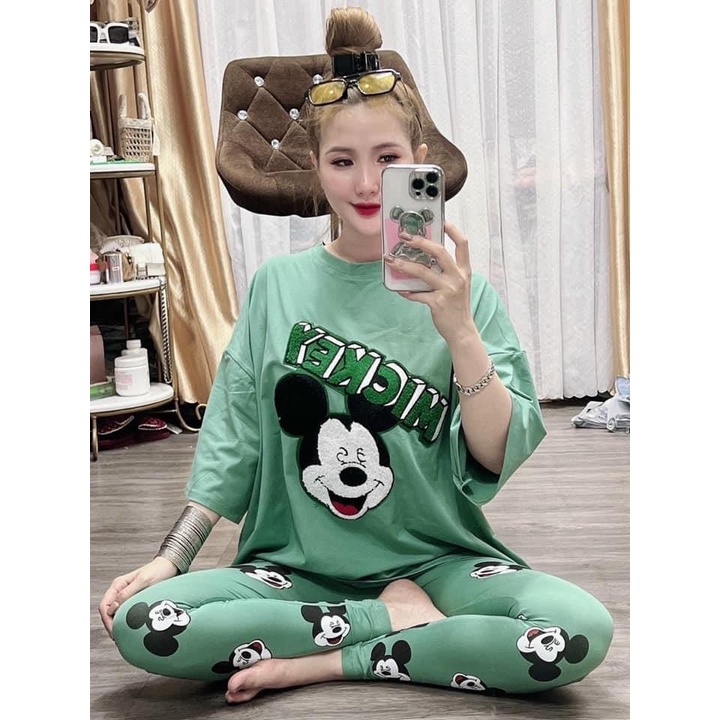 Bộ thun chuột mickey, quần legging ôm cho nữ mặc nhà, mặc đi chơi, vải dày dặn