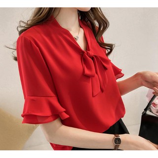 Sơ mi nơ ngắn tay nữ 2019 phiên bản Hàn Quốc với áo sơ mi nữ tay lửng tay áo