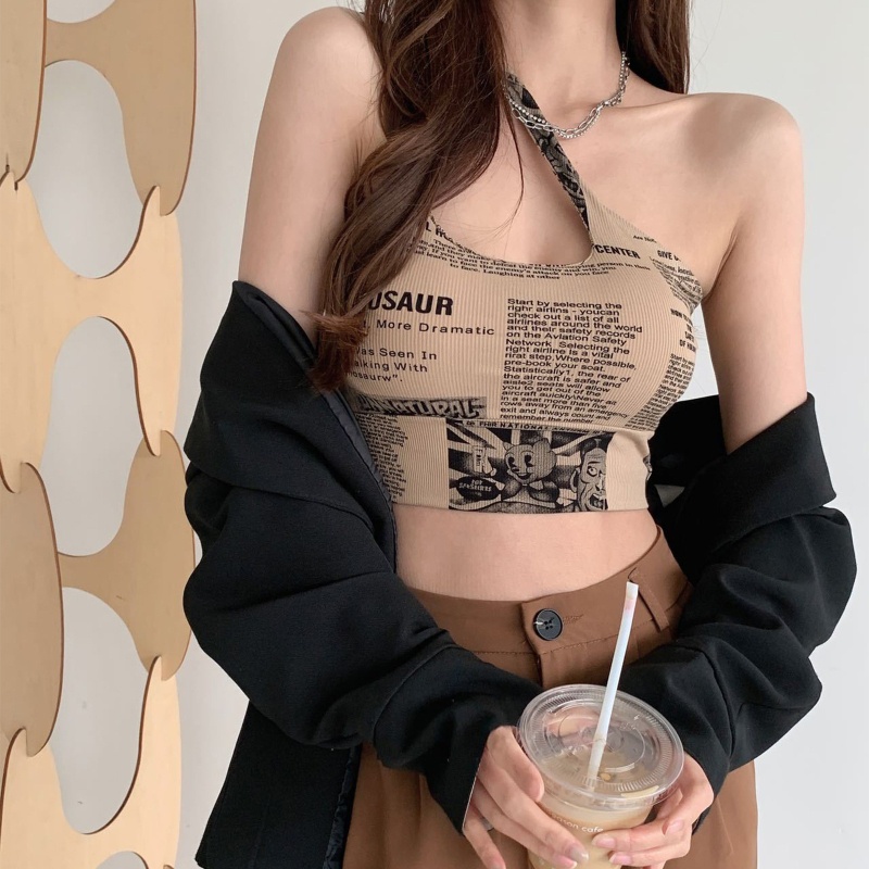 Áo Ống Croptop Hai Dây In Họa Tiết Báo Chí Phong Cách Gothic Punk Quyến Rũ Cho Nữ