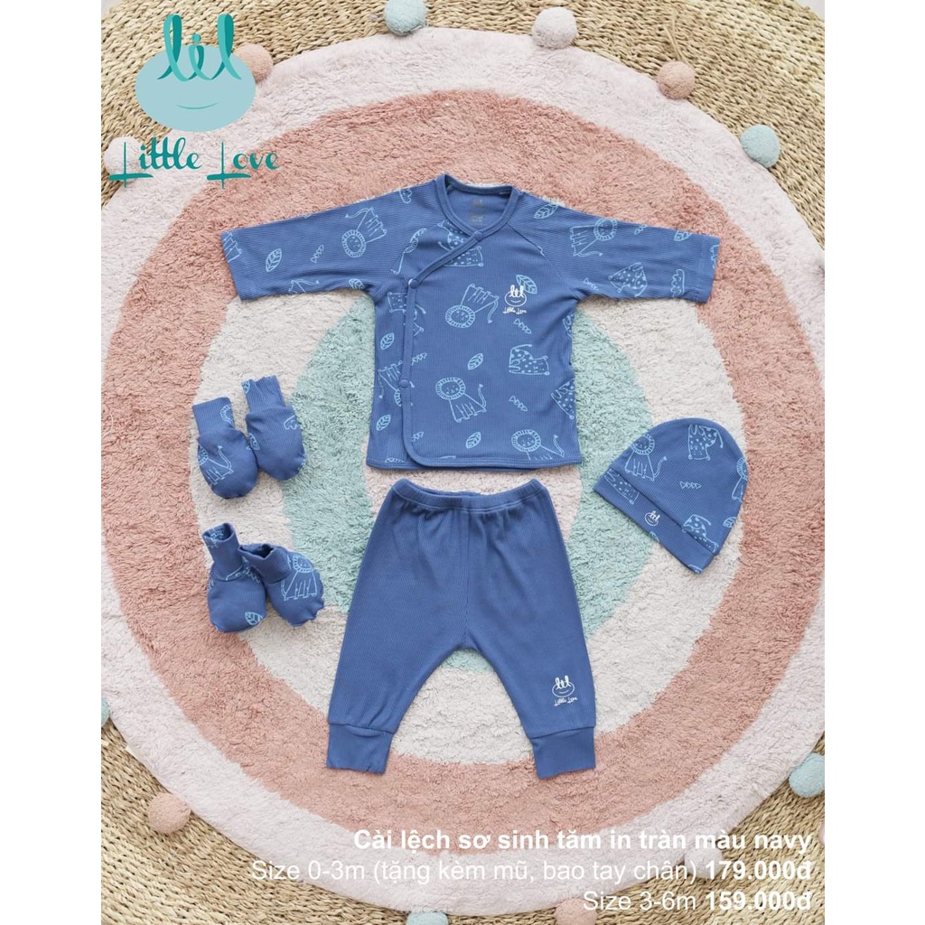 Bộ quần áo dài tay cài lệch chất vải tăm in tràn cho trẻ từ 0-6m little love (LDT83)