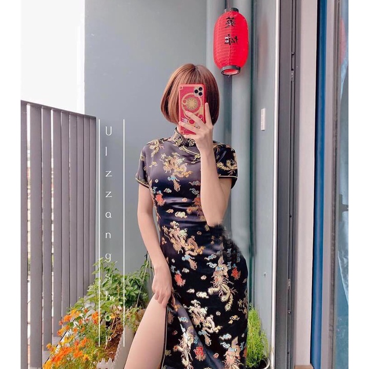 Đầm Nữ Sẻ 2 Mảnh Cổ Tròn Sườn Xám, Họa Tiết Hoa Văn Như Hình