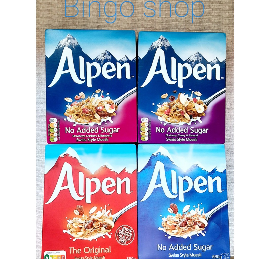 Ngũ cốc giảm cân hoa quả sấy khô Alpen không đường việt quất, cherry, hạnh nhân 560g nhập khẩu Anh đủ 4 loại