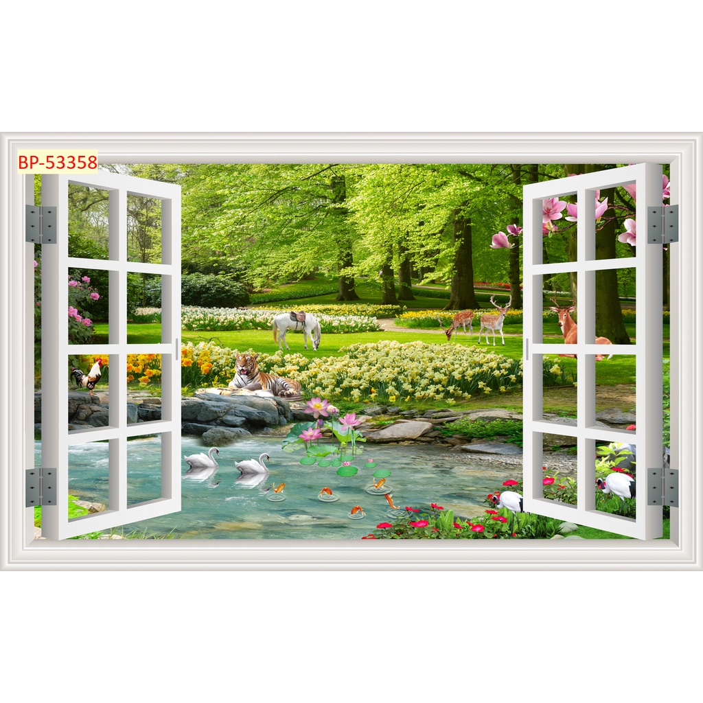 Tranh dán tường 3D khung cửa sổ thiên nhiên trong lành