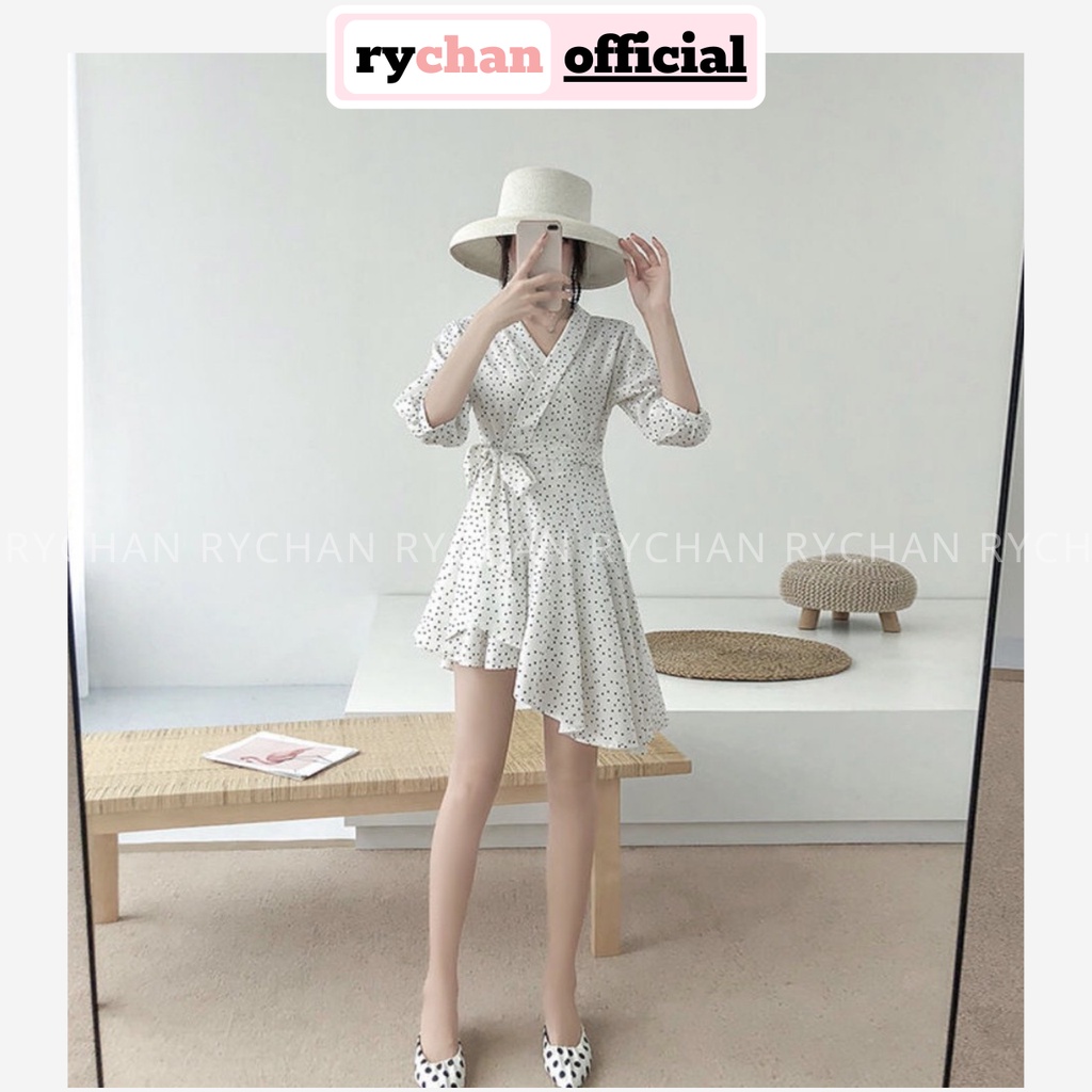 Đầm Xòe Bi Trắng Đắp Chéo Lệch Tà Hai Lớp Lót Trong Dày Dặn Cột Eo Đi Du Lịch Biển - DX734