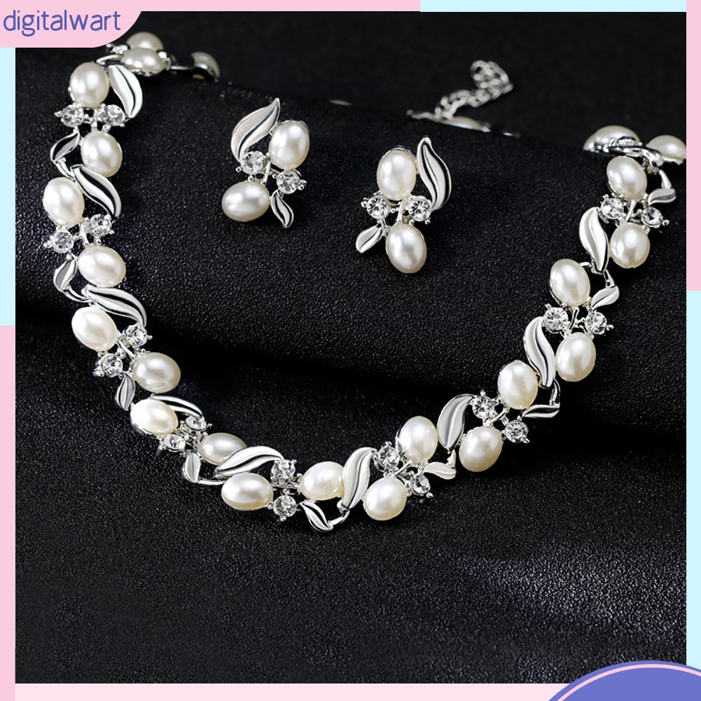 Bộ Vòng cổ + Bông Tai Đính Đá &amp; Ngọc Trai Giả Thời Trang Cho Nữ