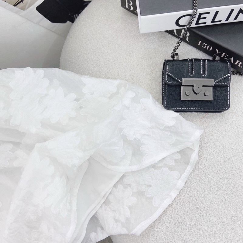 Đầm Trắng Hoa Nổi Tay Lỡ Cột Nơ🦋FREESHIP🦋