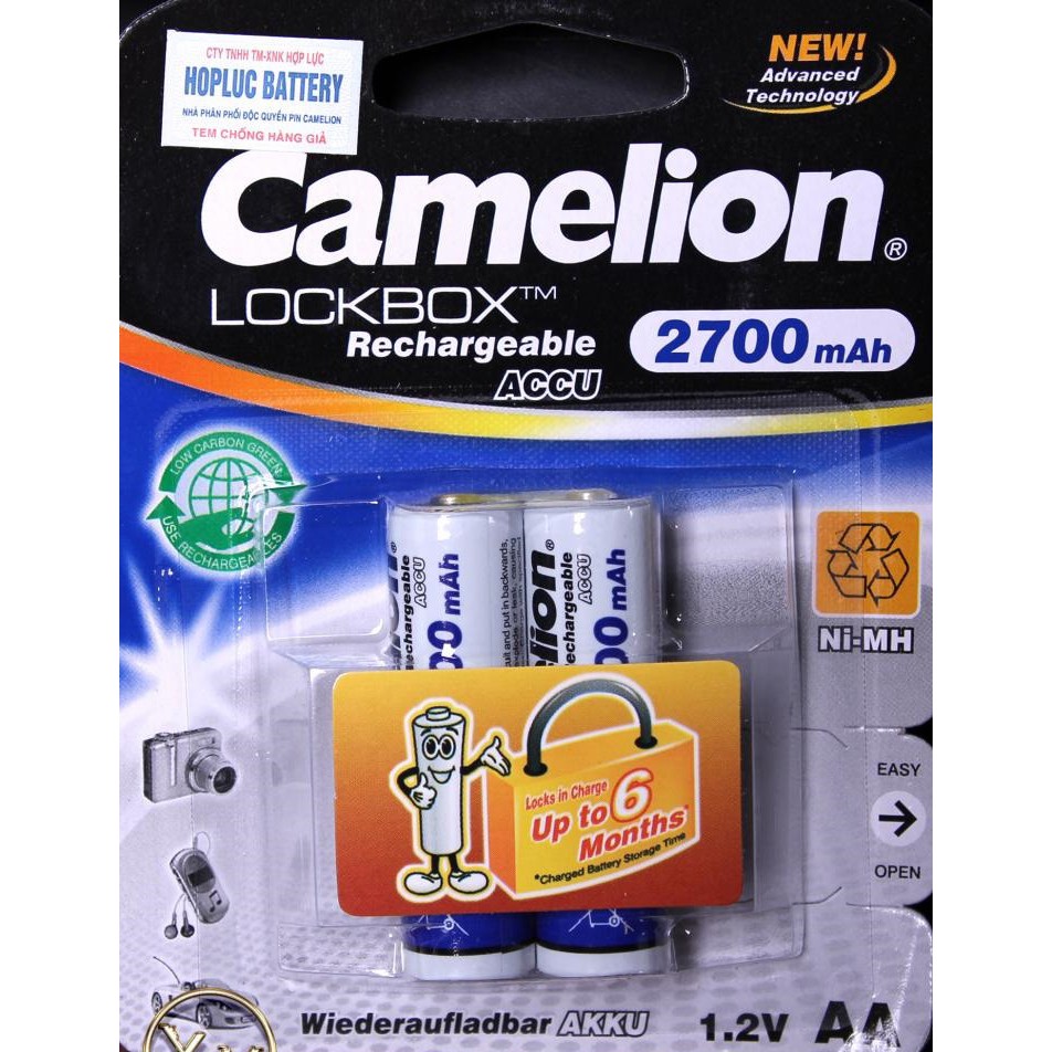 Pin sạc 2a Camelion. Chuyên dùng cho Micro Karaoke. Pin sạc được. 1 vỉ 2 viên. Dung lượng 2700 mAh. Vi Tính Quốc Duy