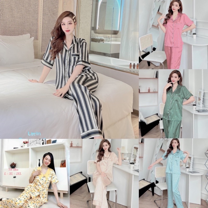 (60-75kg) Đồ ngủ pijama tay ngắn quần dài lụa gấm, latin, satin cao cấp bigsize 60-80kg