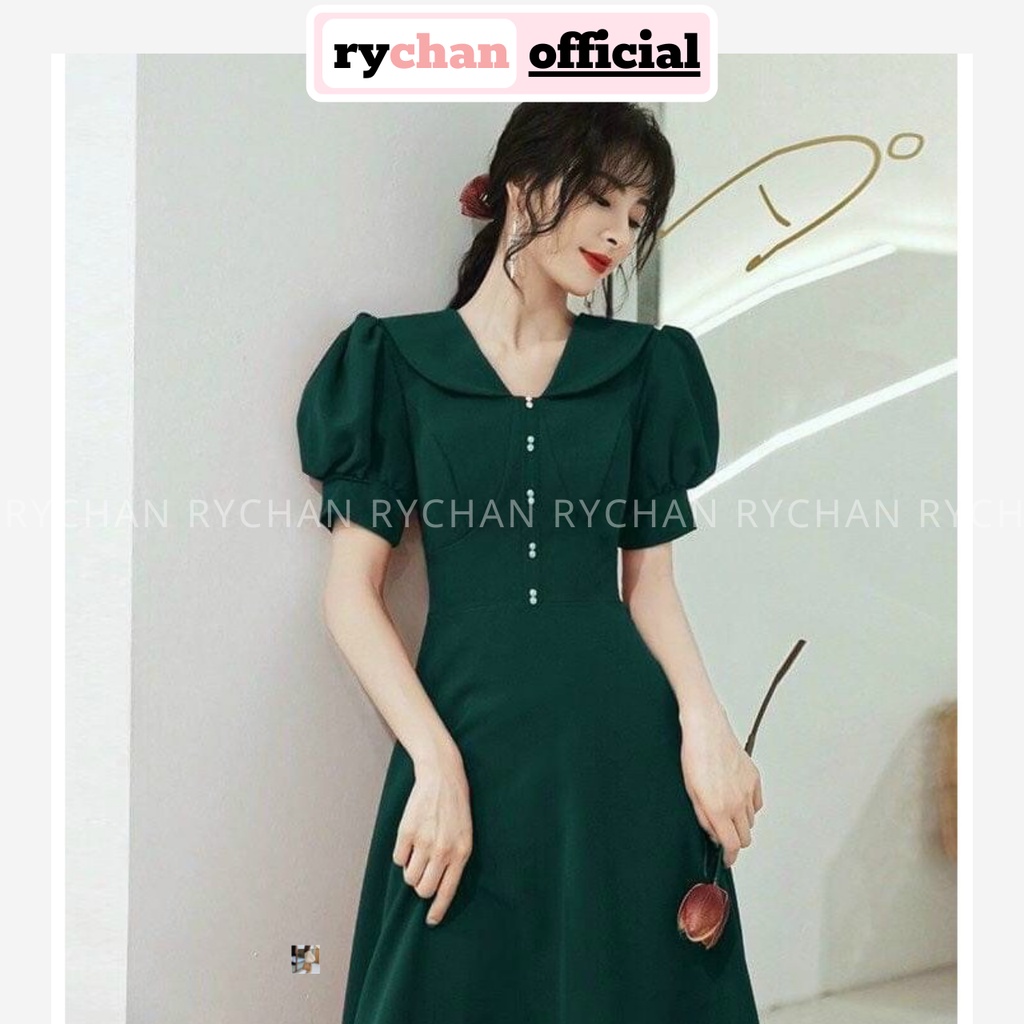 Đầm Xòe Midi Cổ Lá Sen Tay Phồng Chiết Eo Màu Xanh Đỏ - DX0020