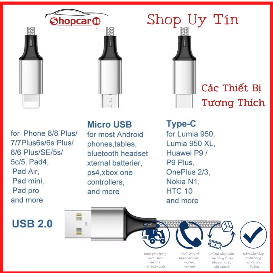 Tẩu Sạc Ô tô, Tẩu Sạc Xe Hơi PUGAN. + Dây Sạc, Dùng Nguồn 12V-24V, Sẵn 3 đầu tiện dụng cho các thiết bị điện tử trên xe