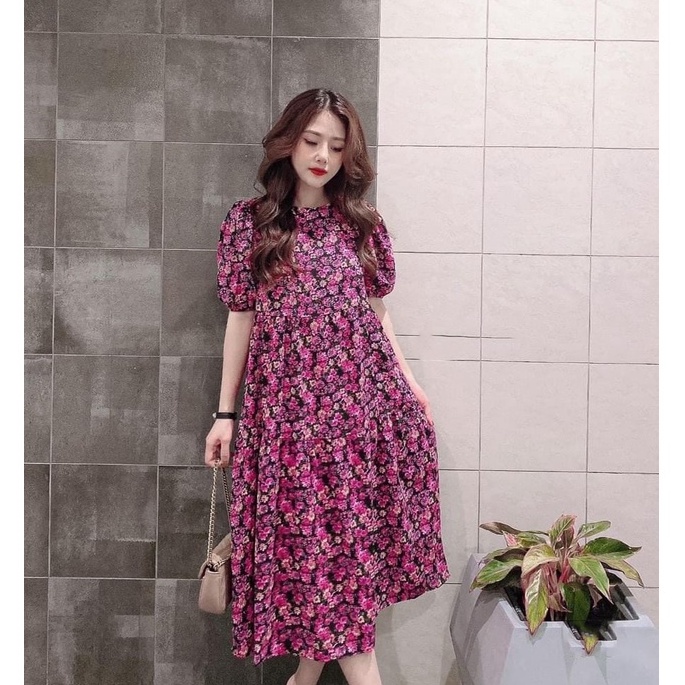 Váy bầu ngắn tay hoa nhí thời trang thiết kế M491 vải voan lụa Mom and Baby