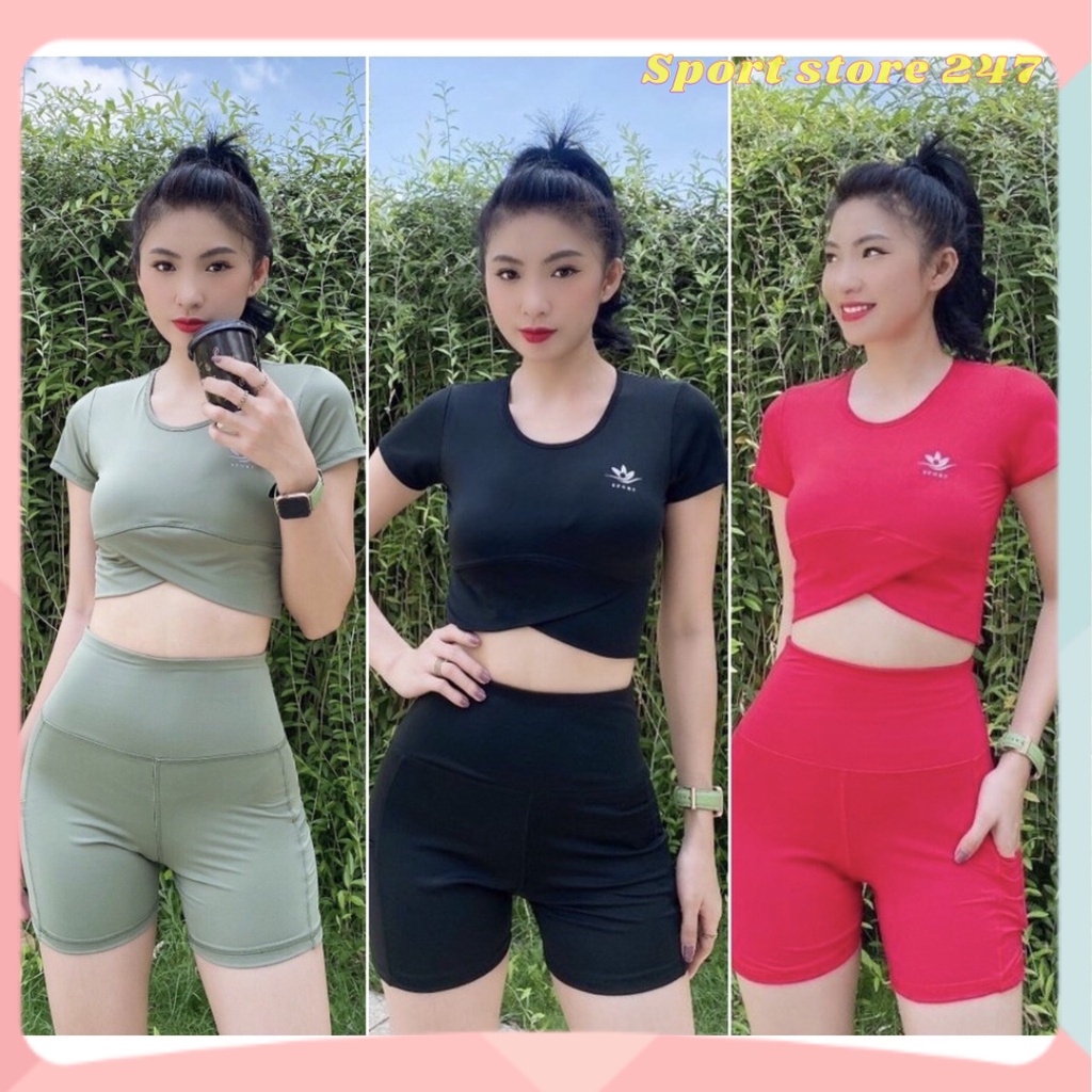 Bộ đồ tập gym yoga nữ đồ thể thao quần đùi có túi áo cộc tay chật liệu vải co giãn thấm hút mồ hôi( Bộ Croptop đùi )