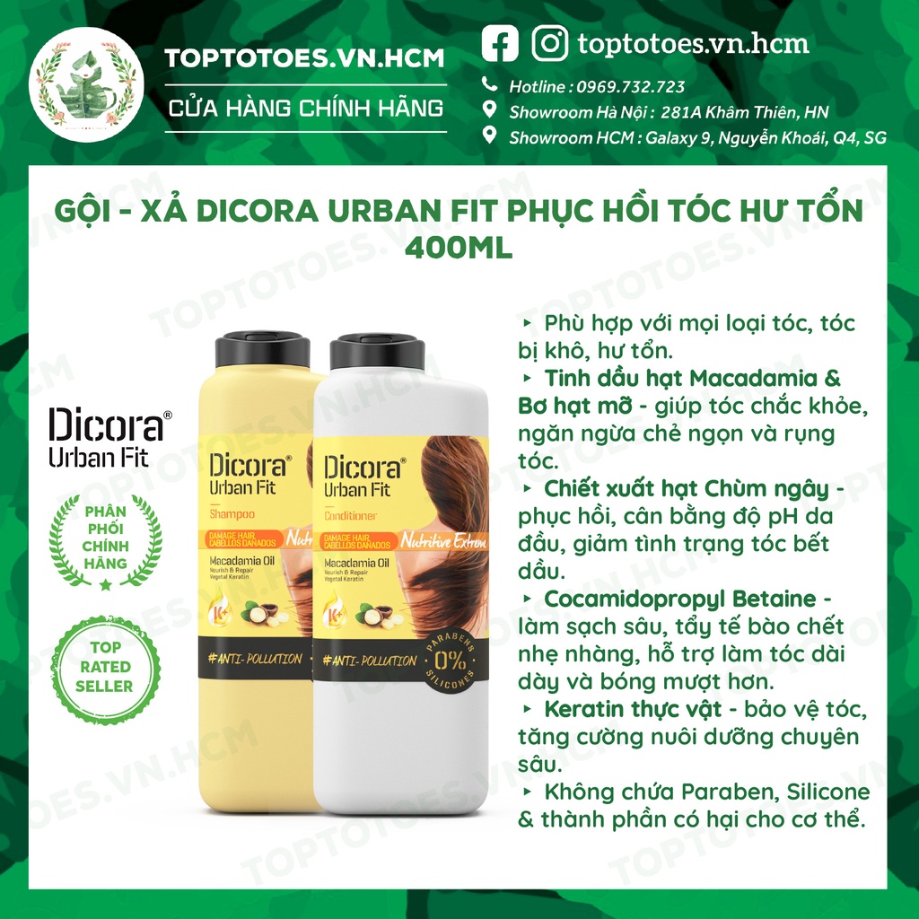 Dầu Gội - Xả Dicora Urban Fit chiết xuất tinh dầu Macadamia phục hồi tóc hư tổn - 400ml [NHẬP KHẨU CHÍNH HÃNG 100%]