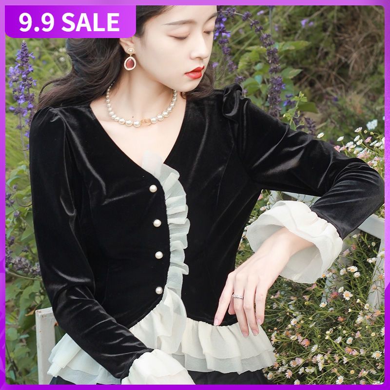 Áo sơ mi nhung tay dài cổ chữ V phong cách retro thời trang thu đông mới cho nữ