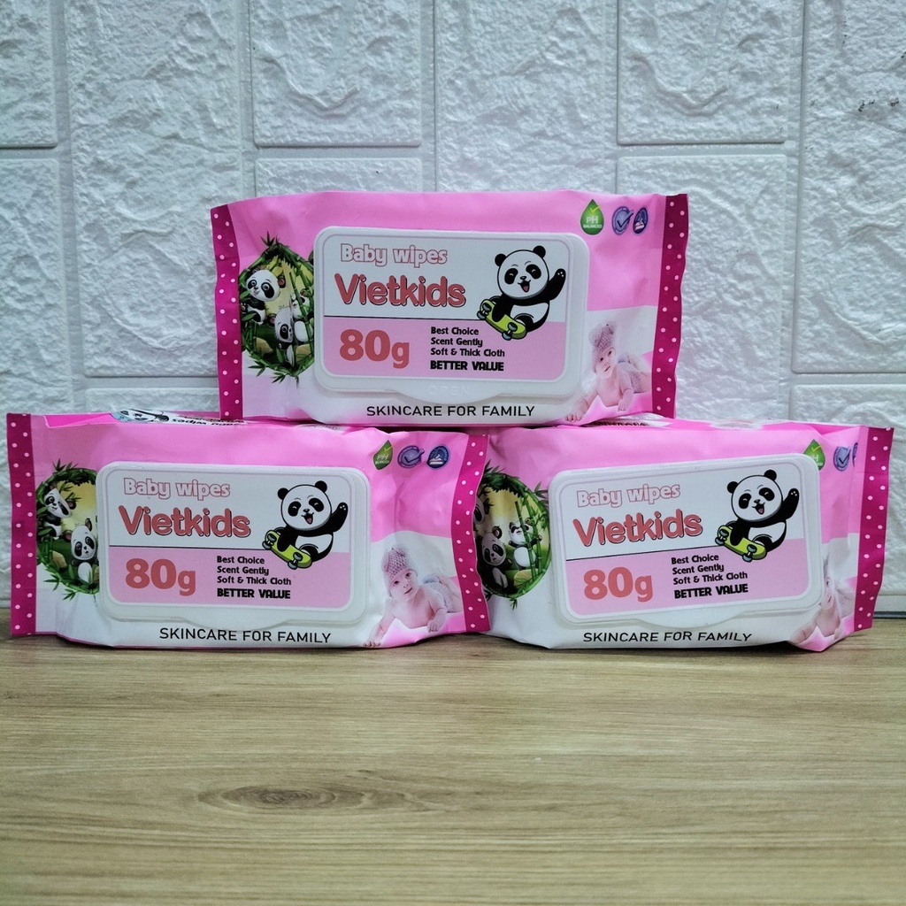 Combo 3 Bịch Khăn Giấy Ướt VietKids Siêu Mềm Mại Mùi Thơm Nhẹ 80gr