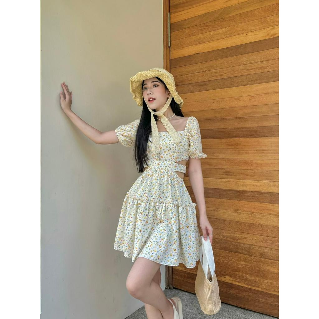 Đầm hoa nhí H43 cutout eo cách điệu thắt nơ lưng có sẵn mút ngực