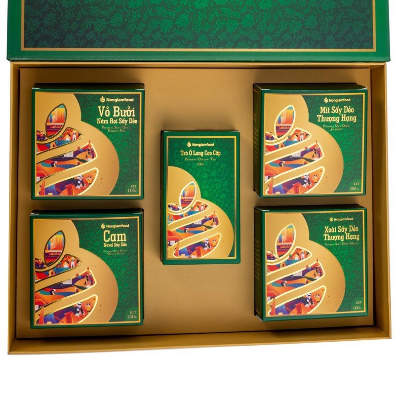 Hộp quà Tết Sum Vầy Nonglamfood cao cấp gồm hoa quả sấy và trà ô long tặng gia đình, cơ quan. | BigBuy360 - bigbuy360.vn