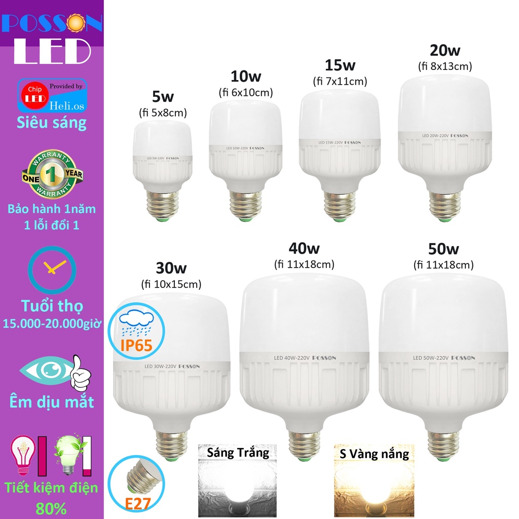 Bóng đèn Led trụ 5w 10w 15w 20w 30w 40w 50w bup trụ bulb siêu sáng tiết kiệm điện kín chống nước Posson LC-5-50x