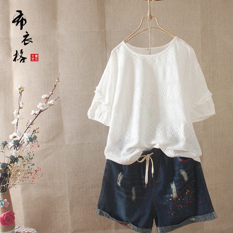 Áo kiểu vải xô freesize ren tay ngày hè phong cách Nhật Bản