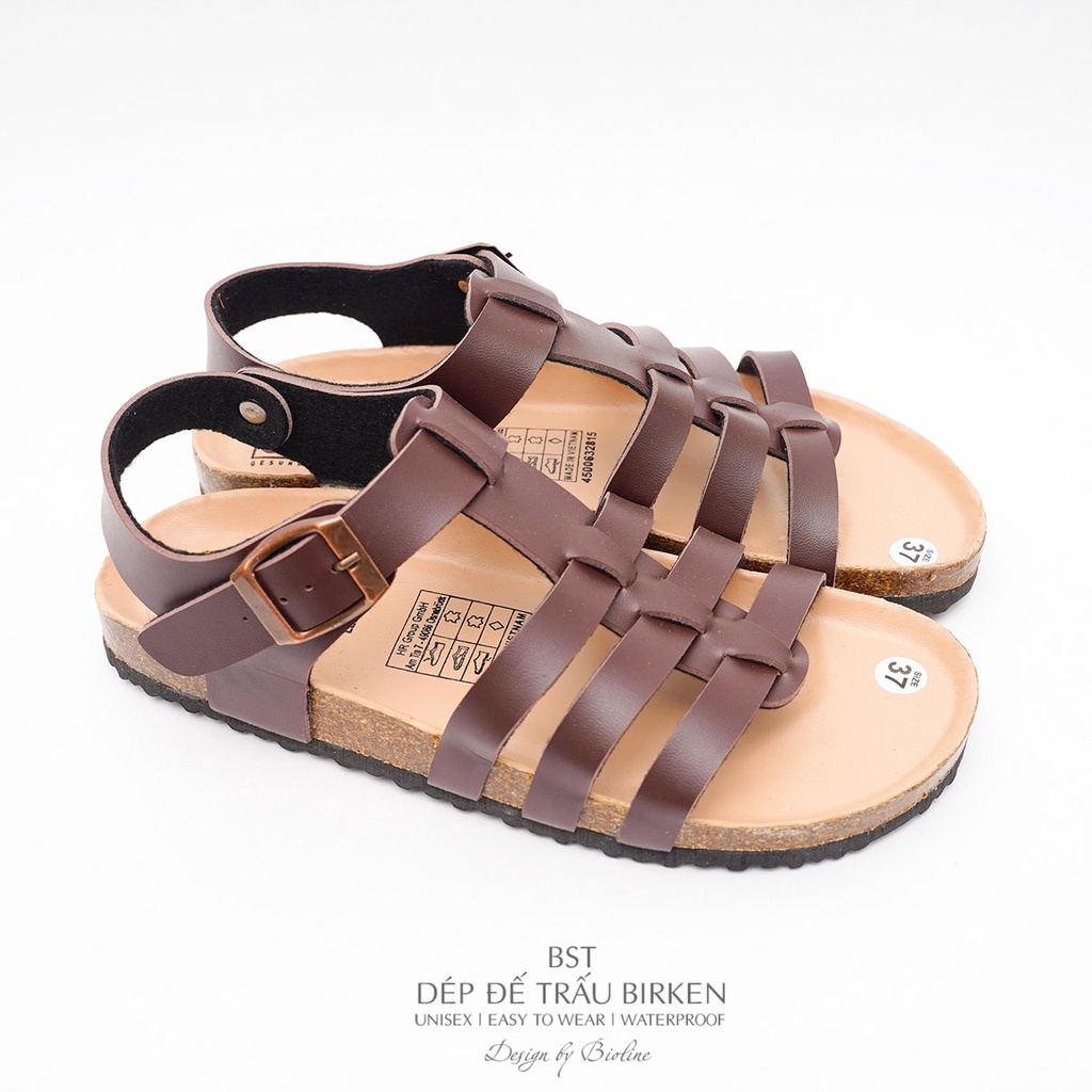PUK12-CHỐNG NƯỚC-Giày sandal đế trấu BIRKEN da PU cao cấp, dép unisex nam nữ, xăng đan học sinh đi học BIOLINE OFFICIAL