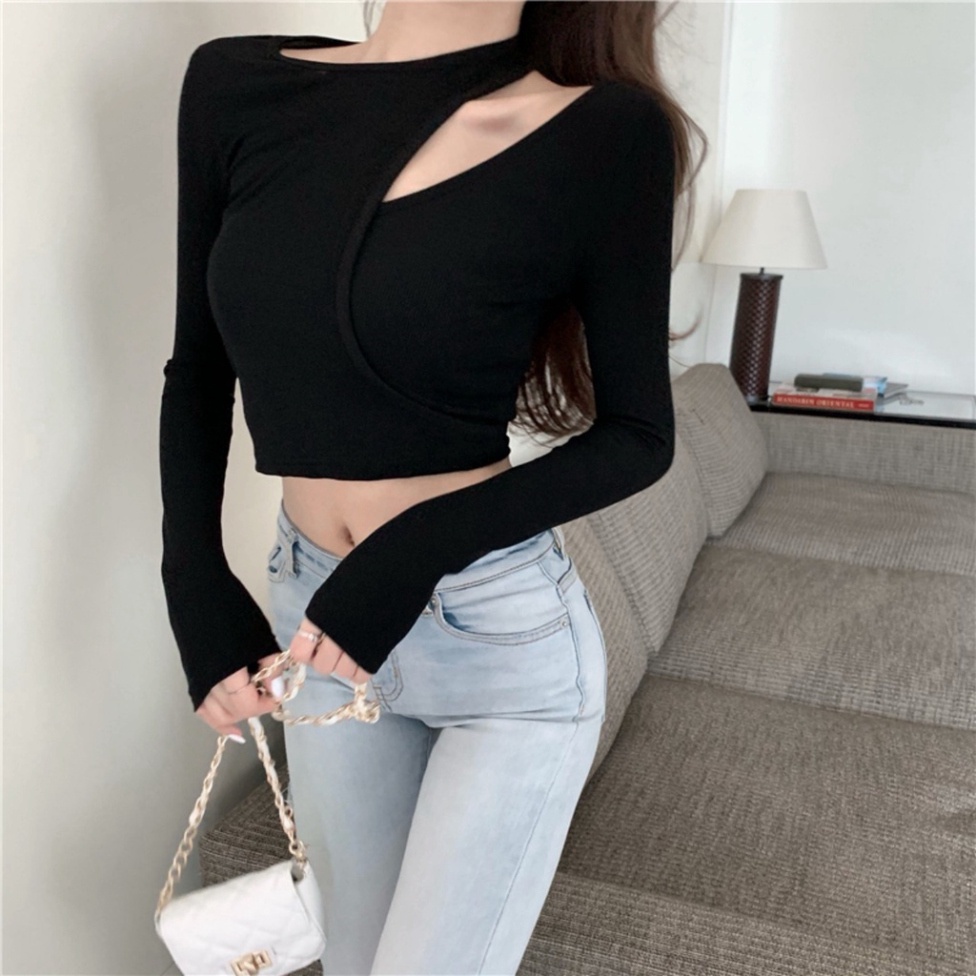 Áo croptop nữ body tay dài KIỂU hở vai cổ vo tròn phối lạ mắt, độc đáo