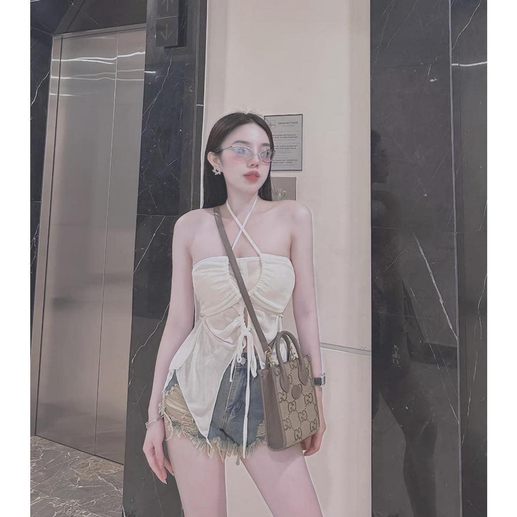 Áo 2 dây nữ cổ yếm cúp ngực trễ vai dáng ôm body sexy đi biển