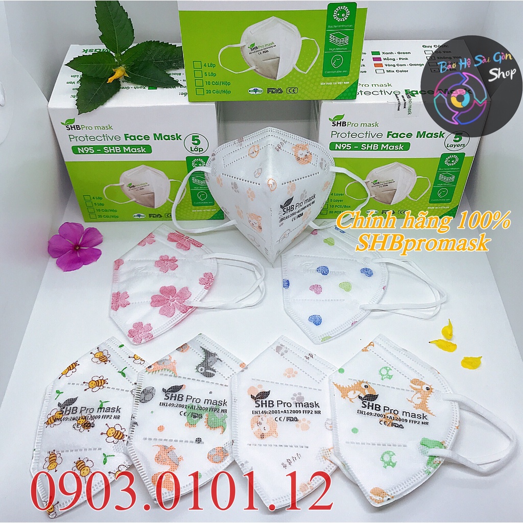 Khẩu trang n95 trẻ em SHB pro mask chính hãng, Kn95 cho bé cao cấp chuẩn FFP2 (hộp 20 cái)