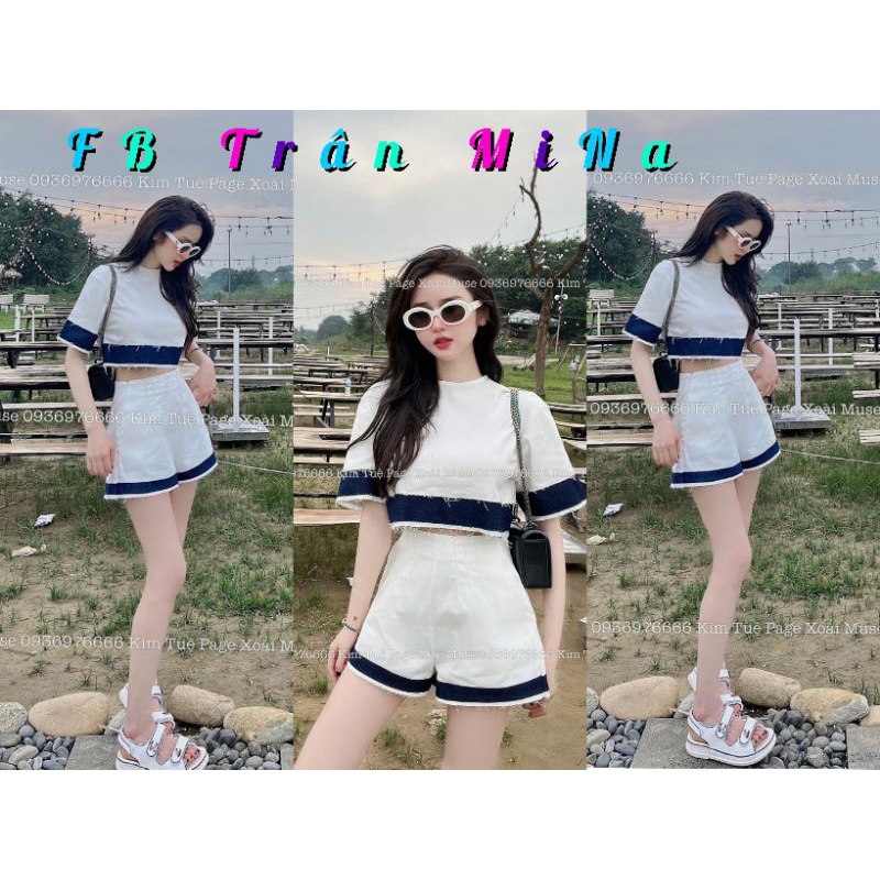 SET CROPTOP TRẮNG PHỐI VIỀN LAI TƯA + SHORT TƯA LAI