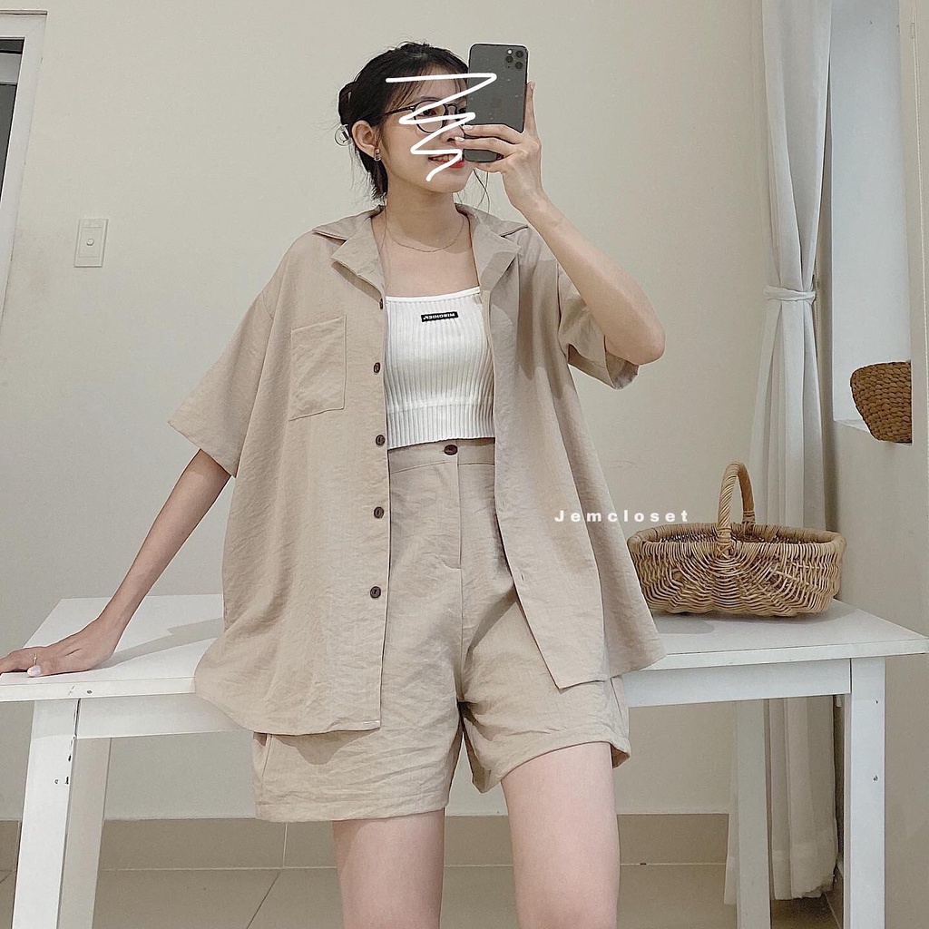 Set Đồ Bộ Nữ Set Đồ Áo Sơ Mi Tay Lỡ Và Quần Short Nữ Form Rộng Phong Cách Hàn Quốc Unisex 3 Màu Trắng Đen Be TONKI 8124