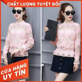 Áo ren thiết kế cổ trụ, peplum, tay loe