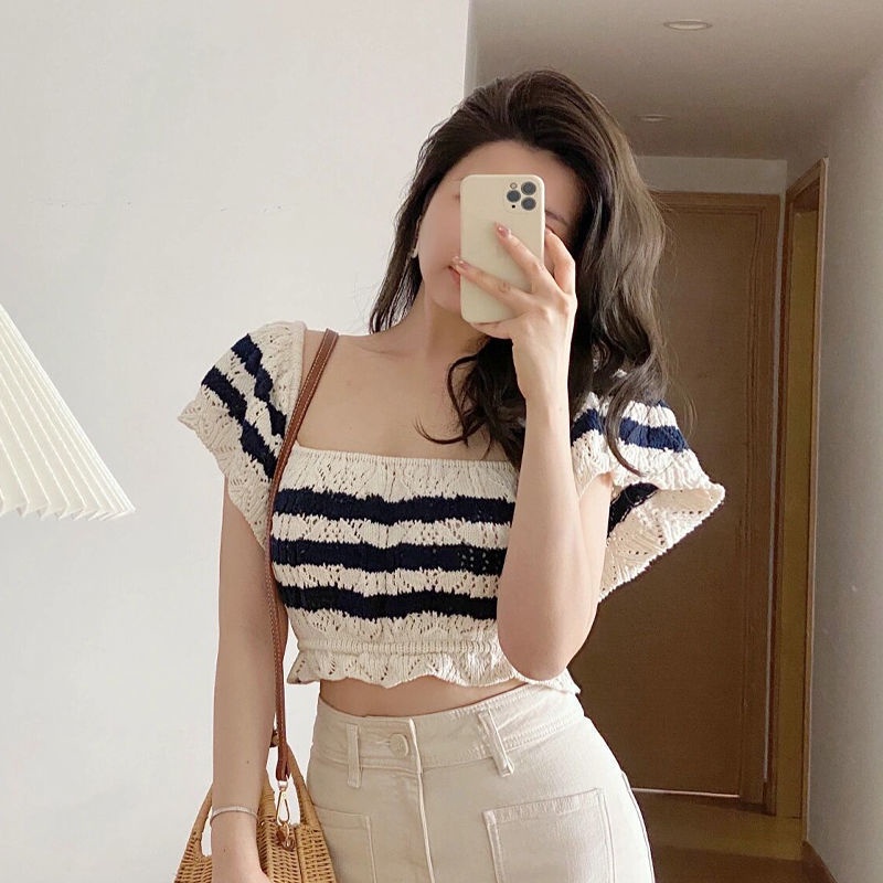 Áo croptop Dệt Kim Trễ Vai Cổ Vuông Hoạ Tiết Kẻ Sọc Trắng Đen Thời Trang Mùa Hè Cho Phái Nữ