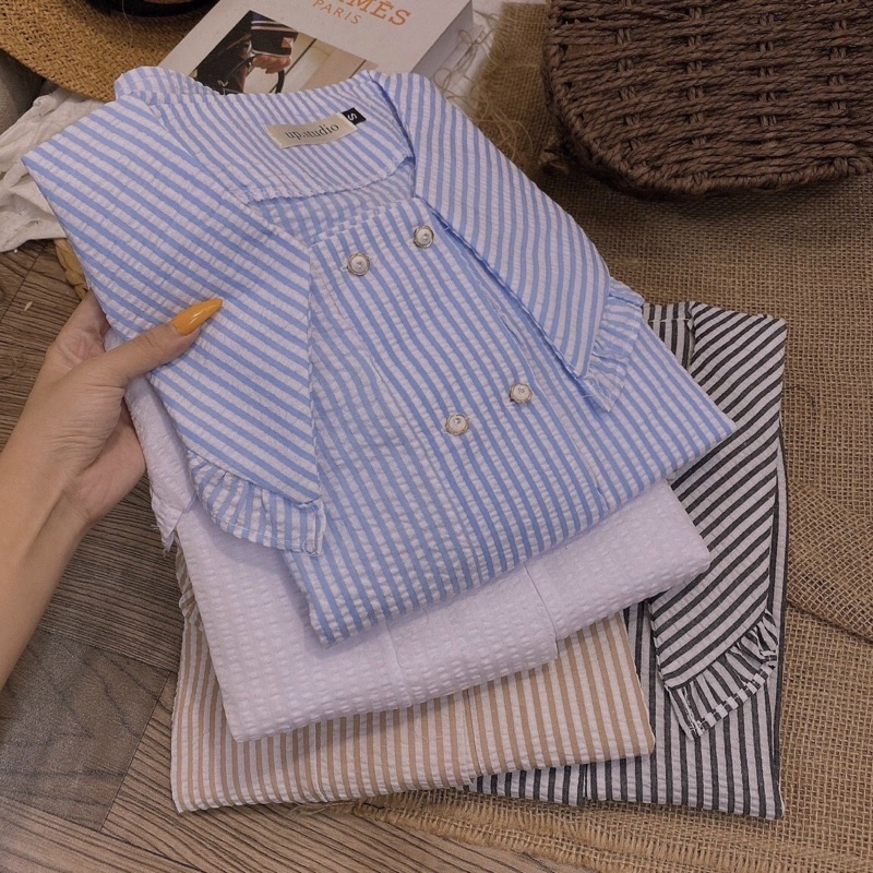 Áo sơ mi chất đũi xốp, cổ bèo phong cách tiểu thư