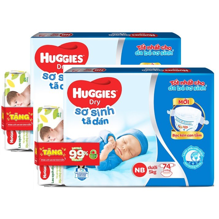 Combo 2 Bịch Tã Dán Sơ Sinh Huggies NB74 (74 Miếng) - Dưới 5kg