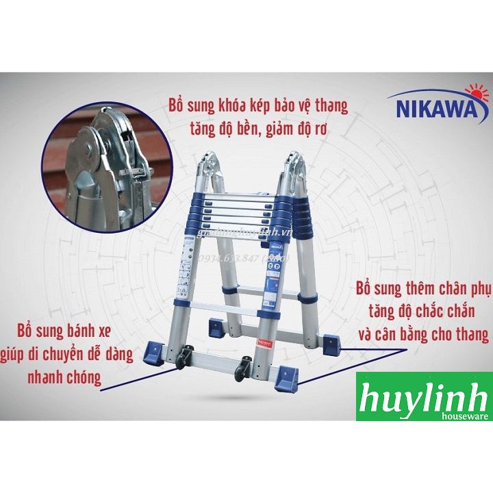 Freeship Thang nhôm rút đôi chữ A Nikawa NK-56AI PRI - 5.6 mét - Có bánh xe