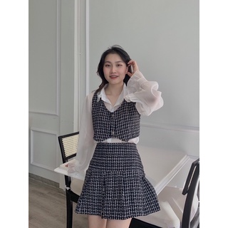 Set dạ Sơmi voan + Gile + Chân váy xếp ly