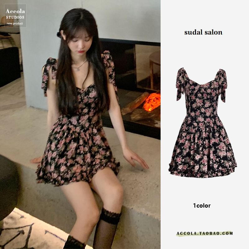 Đầm Hai Dây Đen Hoa Kiểu Dây Cột Nơ Váy Ngắn Xoè