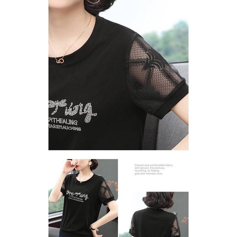 Áo Thun Tay Ngắn Màu Đen Phối Lưới Thiết Kế Cỡ Lớn Thời Trang Trẻ Trung Cho Nữ