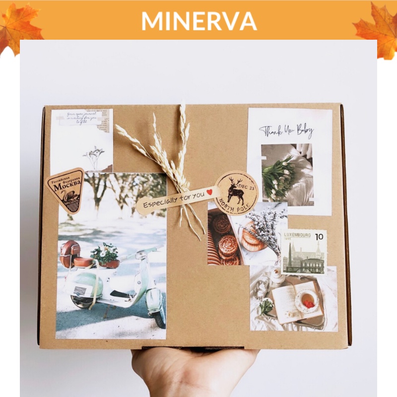 Hộp đựng quà tặng 25x20x6 cm màu kraft trang trí sticker - phụ kiện trang trí hộp đựng quà tặng