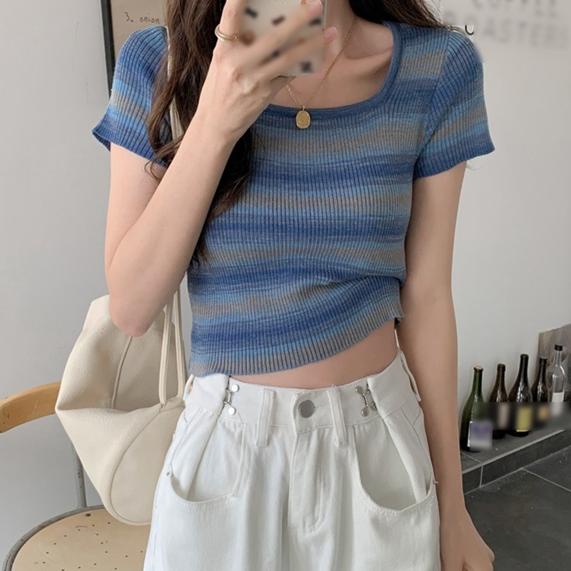 Áo Croptop Dệt Kim Tay Ngắn Cổ Vuông Họa Tiết Kẻ Sọc Màu Tương Phản Thời Trang Cho Nữ Bl