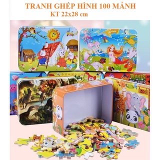 Bộ xếp hình 100 mảnh gỗ hộp thiếc, Đồ chơi xếp hình cho bé từ 3-10 tuổi, tranh ghép hình cho bé, puzzle